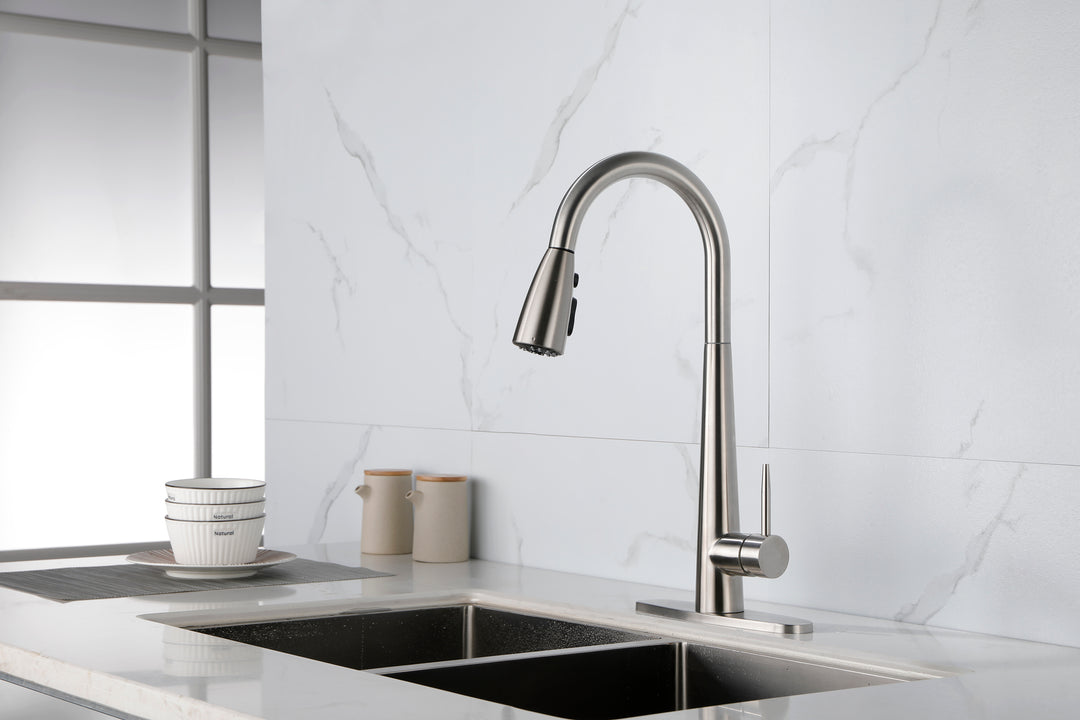 Kitchen Faucet with Pull Down Sprayer Brushed Nickel, High Arc Single Handle Kitchen Sink Faucet with Deck Plate, Commercial Modern Stainless Steel Kitchen Faucets