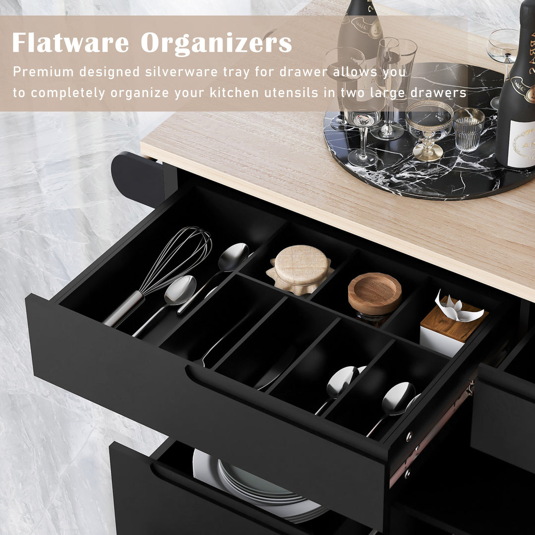 K&K Store Kitchen Cart with Rubber Wood Countertop , Kitchen Island has 8 Handle-Free Drawers Including a Flatware Organizer and 5 Wheels for Kitchen Dinning Room, Black