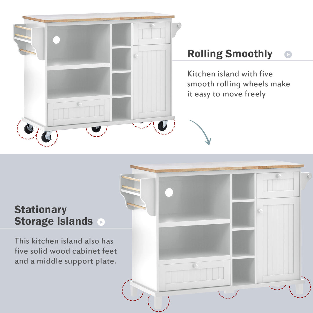 Kitchen Island Cart with Storage Cabinet and Two Locking Wheels,Solid wood desktop,Microwave cabinet,Floor Standing Buffet Server Sideboard for Kitchen Room,Dining Room,, Bathroom(White)