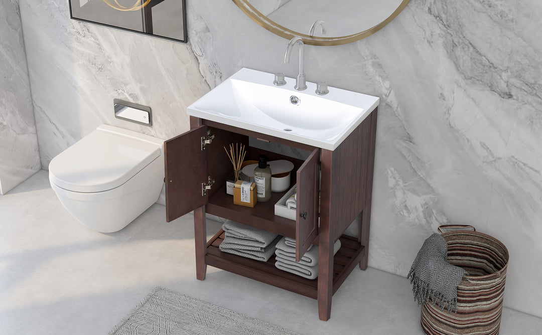 [VIDEO] 24" Brown Modern Sleek Bathroom Vanity Elegant Ceramic Sink with Solid Wood Frame Open Style Shelf (OLD SKU: JL000004AAD)