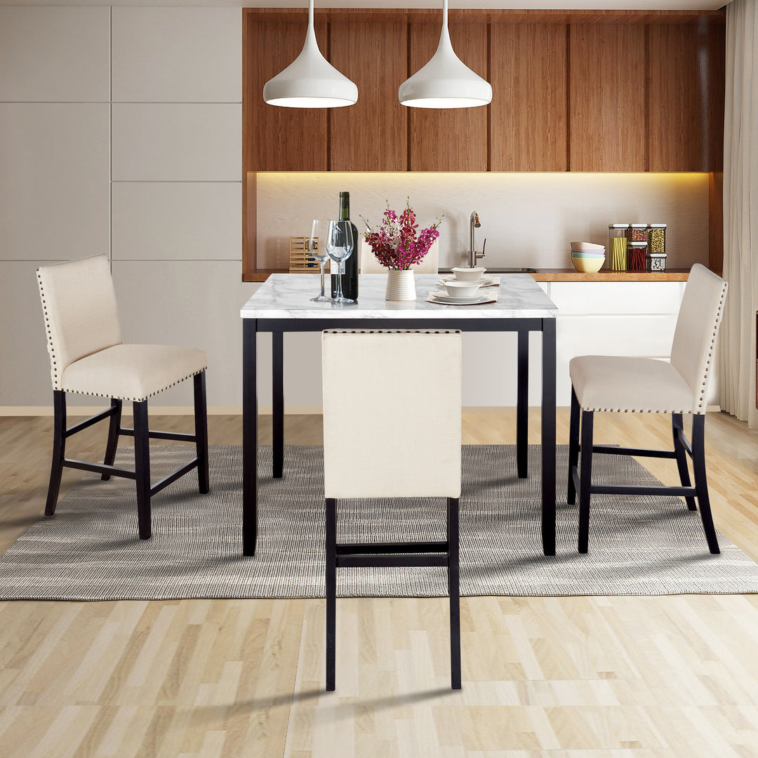 TOPMAX 5 Piece Counter Height Faux Marble Modern Dining Set with Matching Chairs and Marble Veneer  for Home, Beige