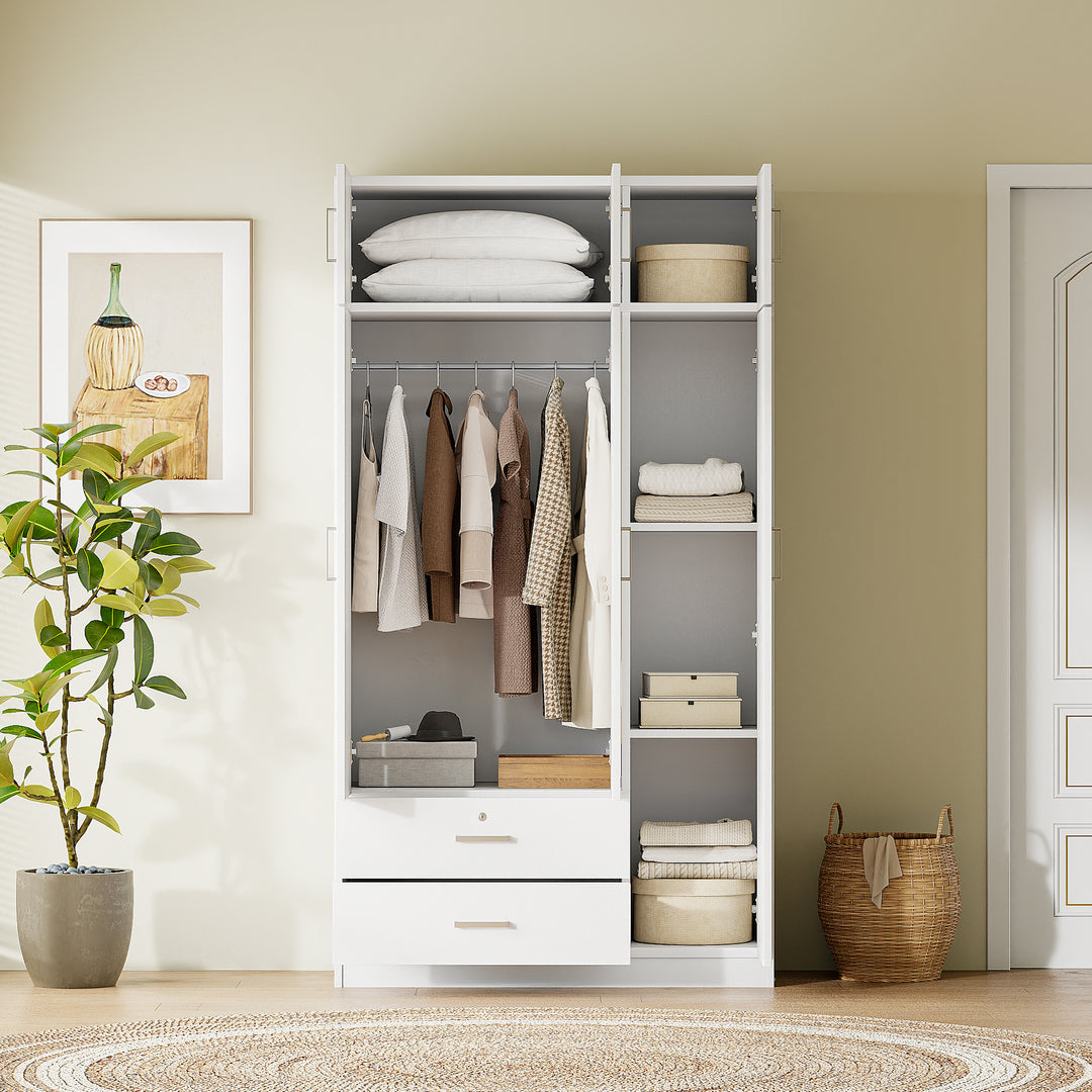 3-Door Mirror  Wardrobe with 2 Drawers and Top Cabinet,White