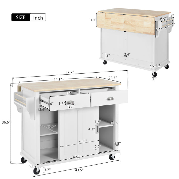 Kitchen Cart with Rubber wood Drop-Leaf Countertop, Concealed sliding barn door adjustable height,Kitchen Island on 4 Wheels with Storage Cabinet and 2 Drawers,L52.2xW30.5xH36.6 inch, White