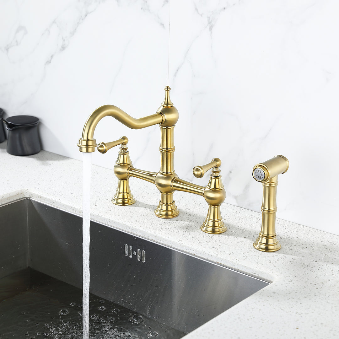 8 inch Centerset Bridge Kitchen Faucet with Brass Side Sprayer 2 Handles 4 Holes Antique Classic Heritage Deck-Mount Kitchen Sink Faucet