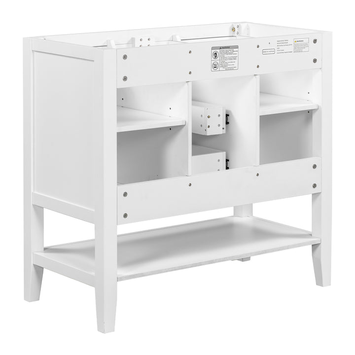 36" Bathroom Vanity without Sink, Cabinet Base Only, Two Cabinets and Drawers, Open Shelf, Solid Wood Frame, White