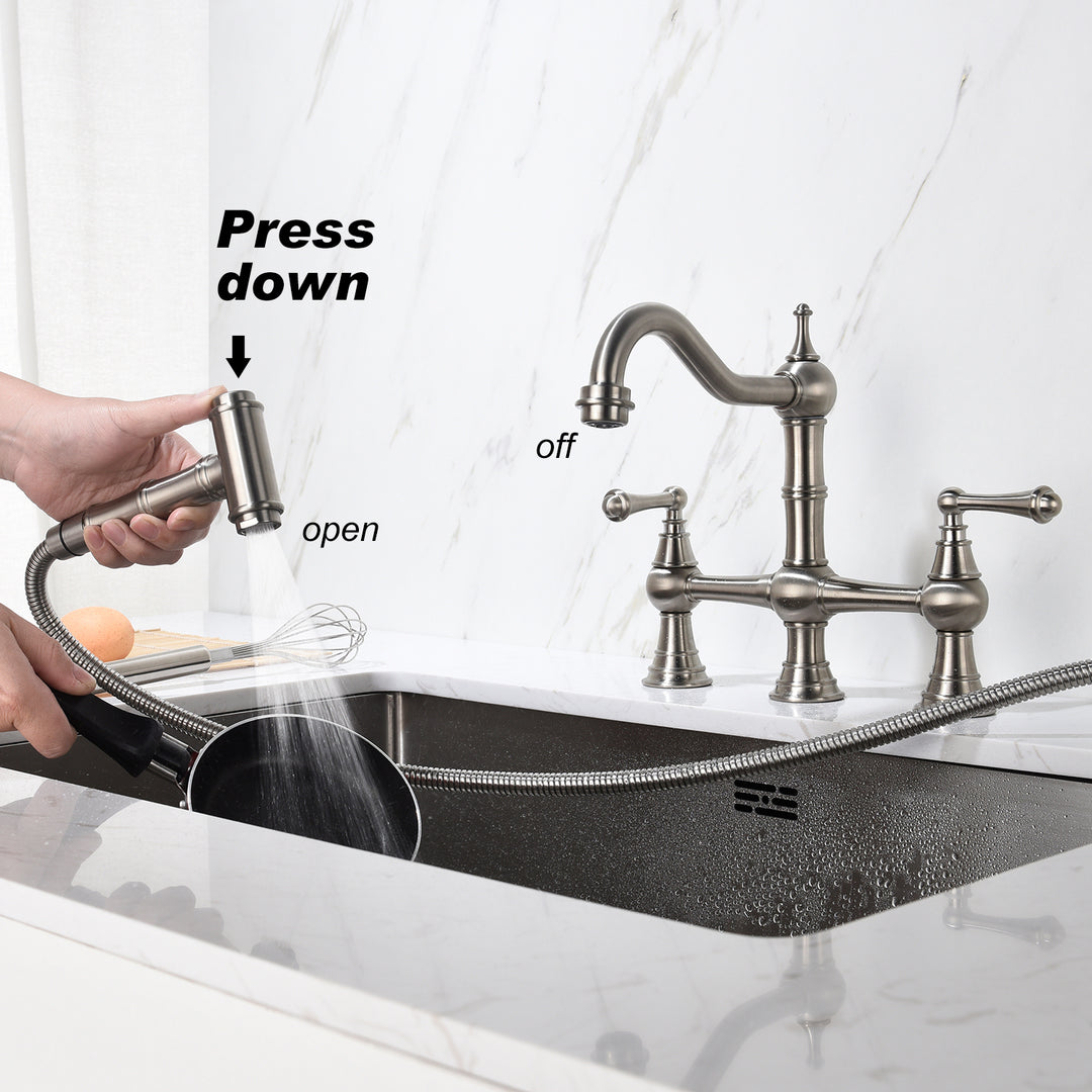 Bridge Dual Handles Kitchen Faucet With Pull-Out Side Spray in