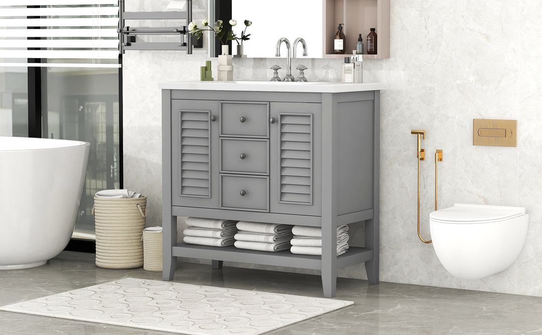 36" Bathroom Vanity with Ceramic Basin, Two Cabinets and Drawers, Open Shelf, Solid Wood Frame, Grey (OLD SKU: SY999101AAE)