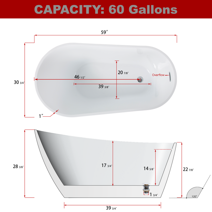 Glossy Acrylic Freestanding Soaking Bathtub with Chrome Overflow and Drain, cUPC Certified 22A04-60-1