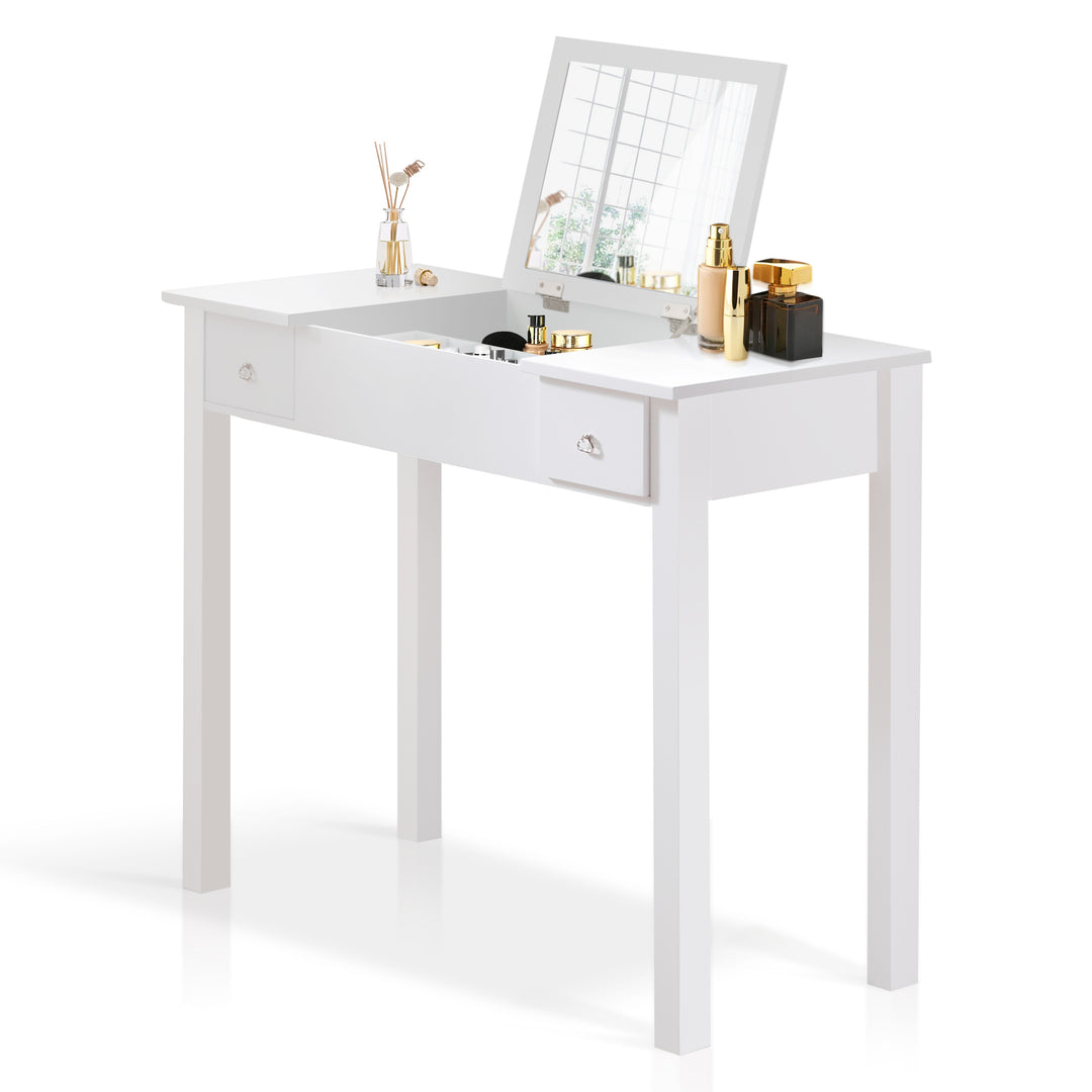 Accent White Vanity Table Set with Upholstered Stool and Flip-Top Mirror and 2 Drawers, Jewelry Storage for Women Dressing