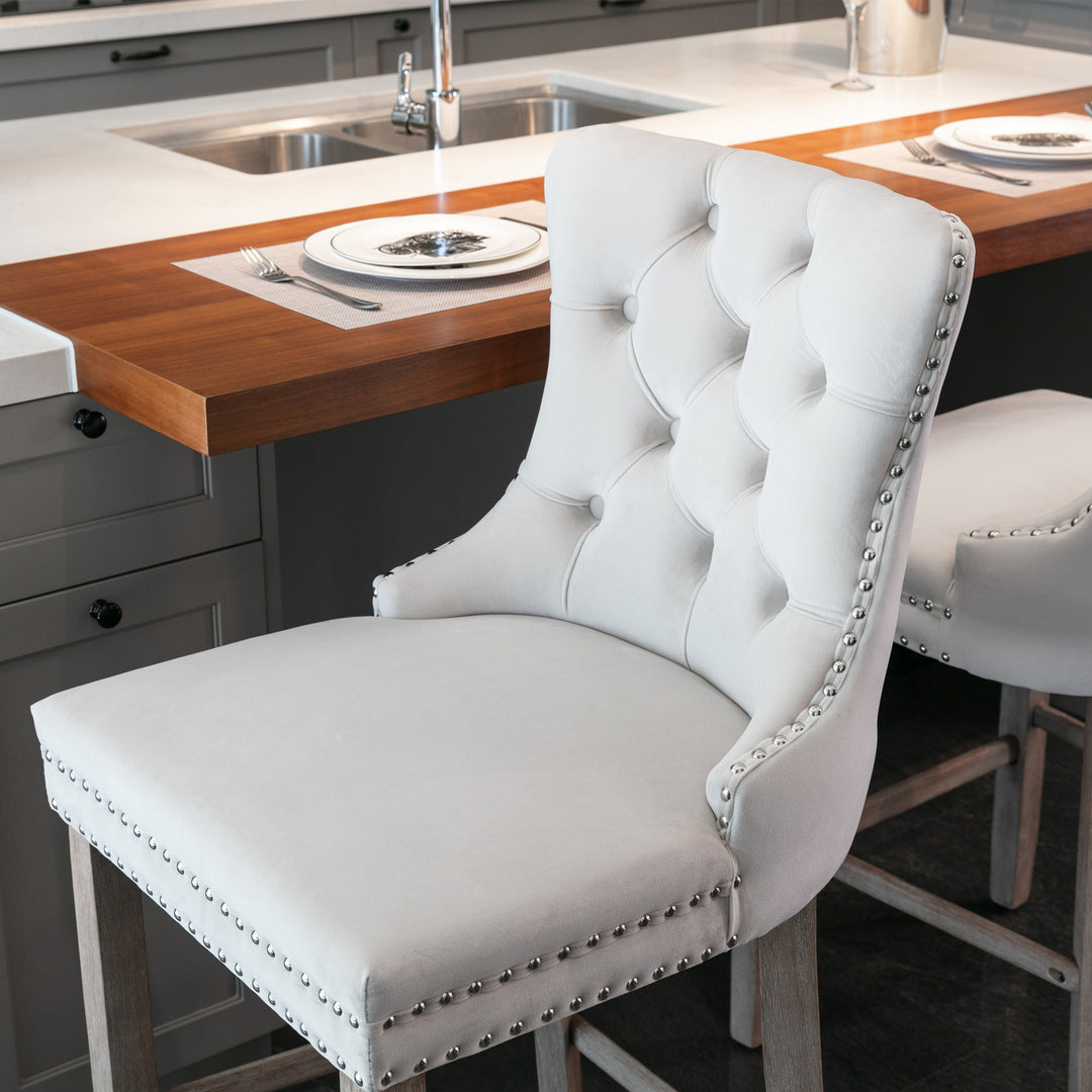 Contemporary Velvet Upholstered Barstools with Button Tufted Decoration and Wooden Legs, and Chrome Nailhead Trim, Leisure Style Bar Chairs,Bar stools, Set of 2 (Beige),SW1902BG