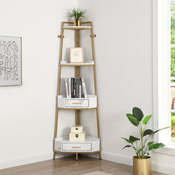 Corner Shelf with Two Drawers 72.64'' Tall, 4-tier Industrial Bookcase, Gold