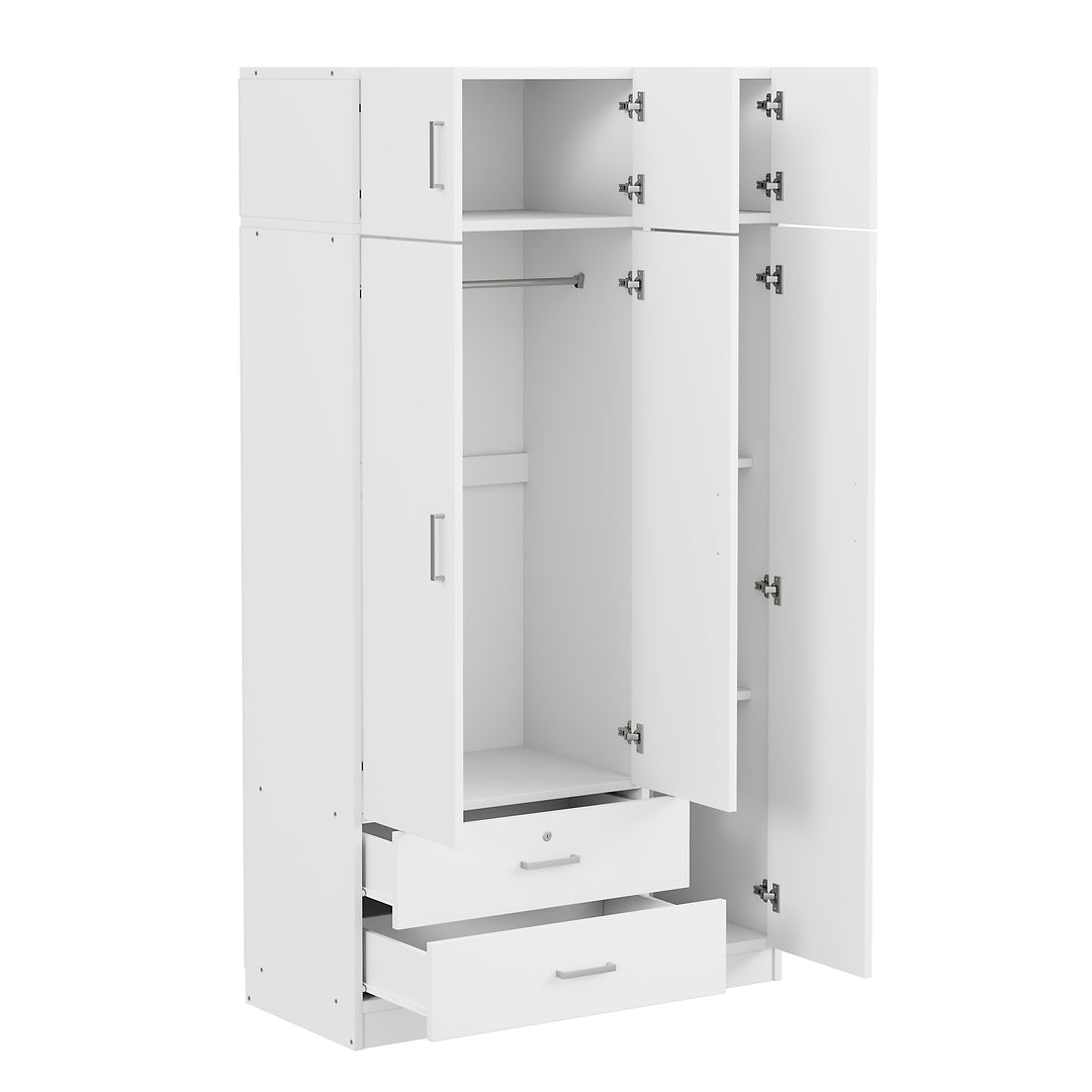 3-Door Mirror  Wardrobe with 2 Drawers and Top Cabinet,White