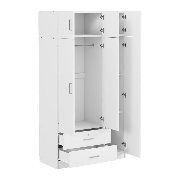 3-Door Mirror  Wardrobe with 2 Drawers and Top Cabinet,White