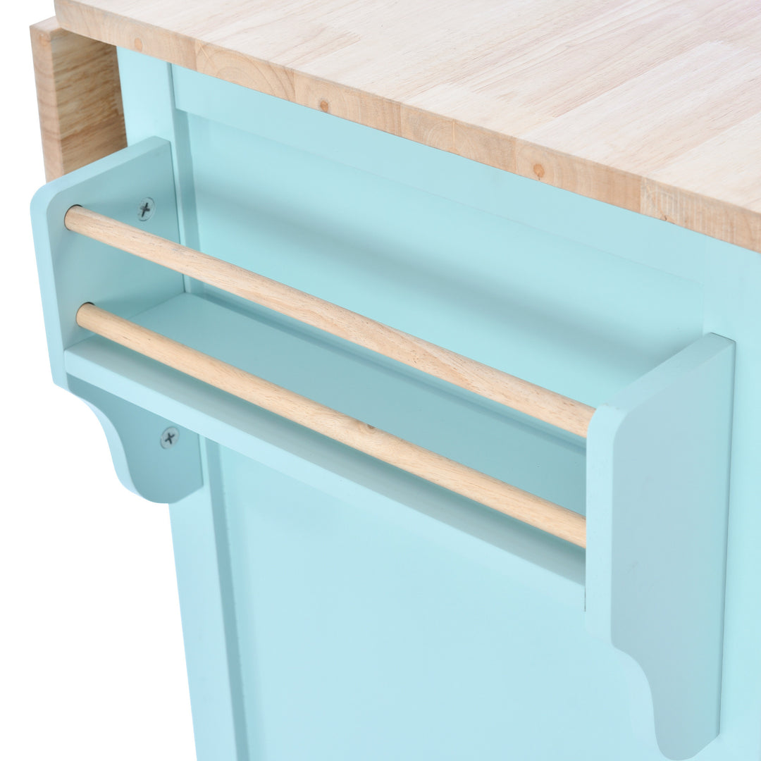 Kitchen Cart with Rubber wood Drop-Leaf Countertop, Concealed sliding barn door adjustable height,Kitchen Island on 4 Wheels with Storage Cabinet and 2 Drawers,L52.2xW30.5xH36.6 inch, Mint Green