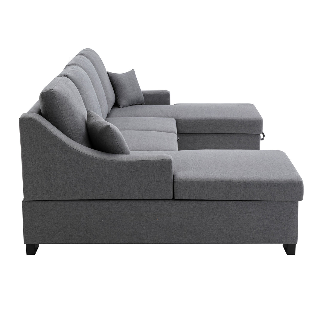 U_STYLE Upholstery Sleeper Sectional Sofa with Double Storage Spaces, 2 Tossing Cushions, Grey