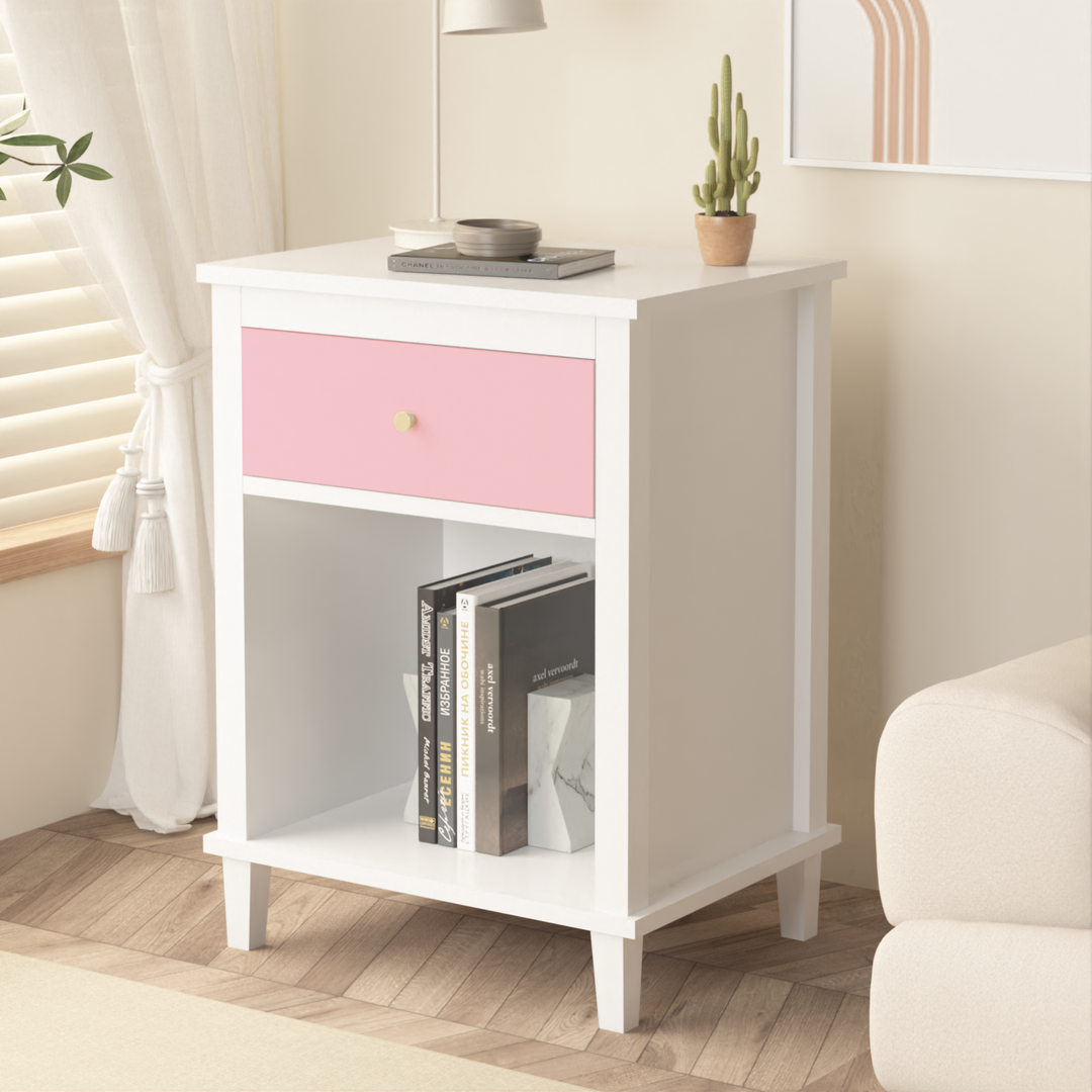 26.77''H Wooden Nightstand with One Drawer One Shelf for Kids, Adults, Pink