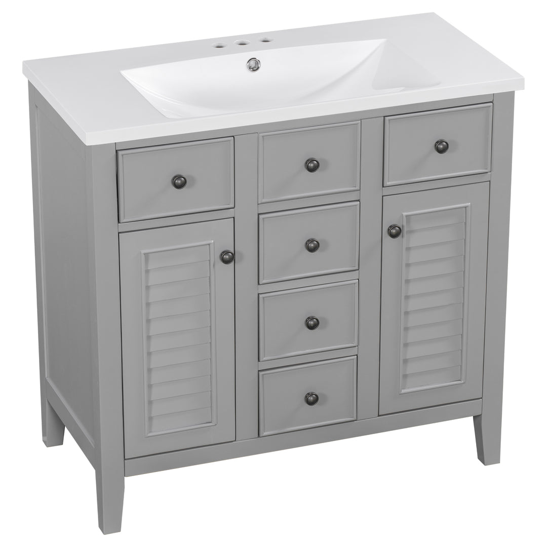 36" Bathroom Vanity with Ceramic Basin, Two Cabinets and Five Drawers, Solid Wood Frame, Grey (OLD SKU: SY999202AAE)