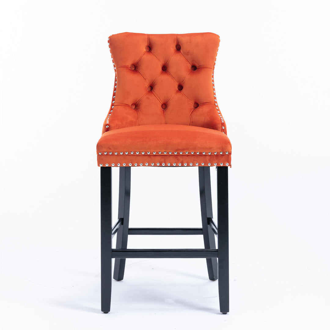 A&A Furniture,Contemporary Velvet Upholstered Barstools with Button Tufted Decoration and Wooden Legs, and Chrome Nailhead Trim, Leisure Style Bar Chairs,Bar stools, Set of 2 (Orange)