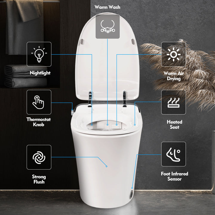 Luxury Smart Toilet with Dryer and warm water,  Elongated Bidet Toilet with Heated Seat, with Remote Control, LED Night Light, Power Outage Flushing, Soft Close Cover,Whit