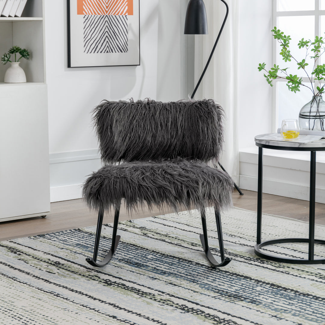 25.2'' Wide Faux Fur Plush Nursery Rocking Chair, Baby Nursing Chair with Metal Rocker, Fluffy Upholstered Glider Chair, Comfy Mid Century Modern Chair for Living Room, Bedroom (Gray)