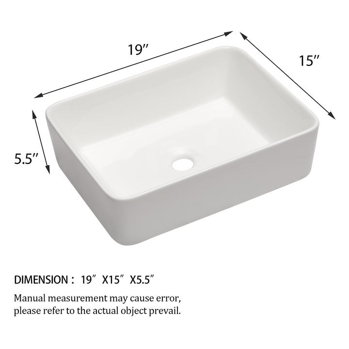 19"x15" White Ceramic Rectangular Vessel Bathroom Sink