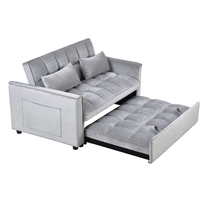 3 in 1 Convertible Sleeper Sofa Bed,  Modern Pull Out Couch Bed, Adjustable Backrest, Velvet Loveseat Futon Sofa with Pillows & Pockets for Living Room Apartment, Grey