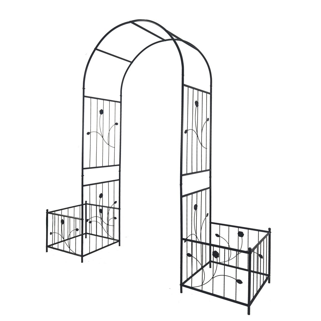 Metal Garden Arch with two plant stands 79.5'' Wide x 86.6'' High Climbing Plants Support Rose Arch Outdoor Black