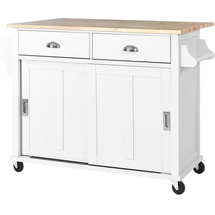 Kitchen Cart with Rubber wood Drop-Leaf Countertop, Concealed sliding barn door adjustable height,Kitchen Island on 4 Wheels with Storage Cabinet and 2 Drawers,L52.2xW30.5xH36.6 inch, White