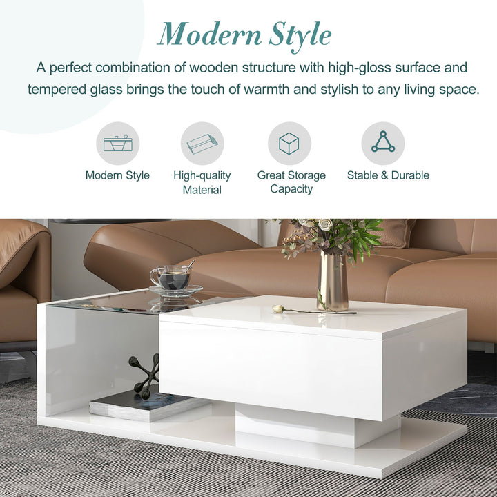 [VIDEO provided] ON-TREND Modern Coffee Table with Tempered Glass, Wooden Cocktail Table with High-gloss UV Surface, Modernist 2-Tier Rectangle Center Table for Living Room, White