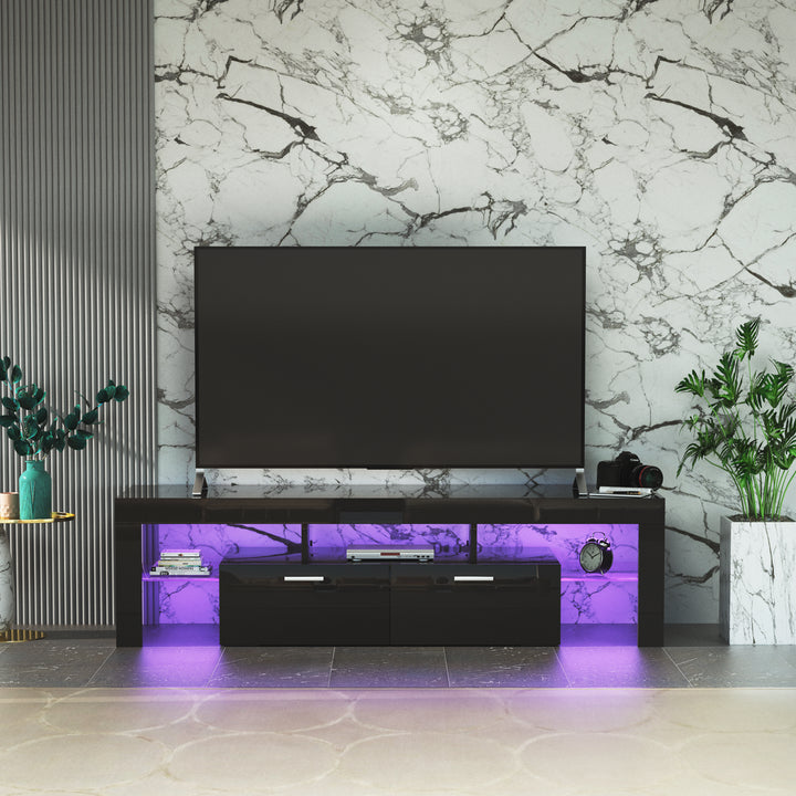 FashionTVstandTVcabinet,EntertainmentCenter,TVstationTV console,media console,with LEDlight belt,light belt remote control,toughenedglassshelf,metal handle,Canbeplaced in the living room,bedroom,black