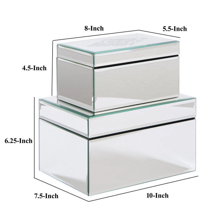 Mirrored Box with Acrylic Diamond Pattern, Set of 2, Silver