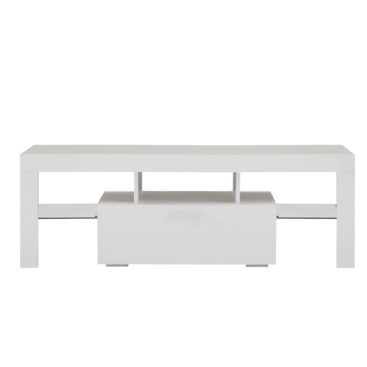 FashionTVstandTVcabinet,EntertainmentCenter,TVstationTV console,media console,with LEDlight belt,light belt remote control,toughenedglassshelf,metal handle,Canbeplaced in the living room,bedroom,white