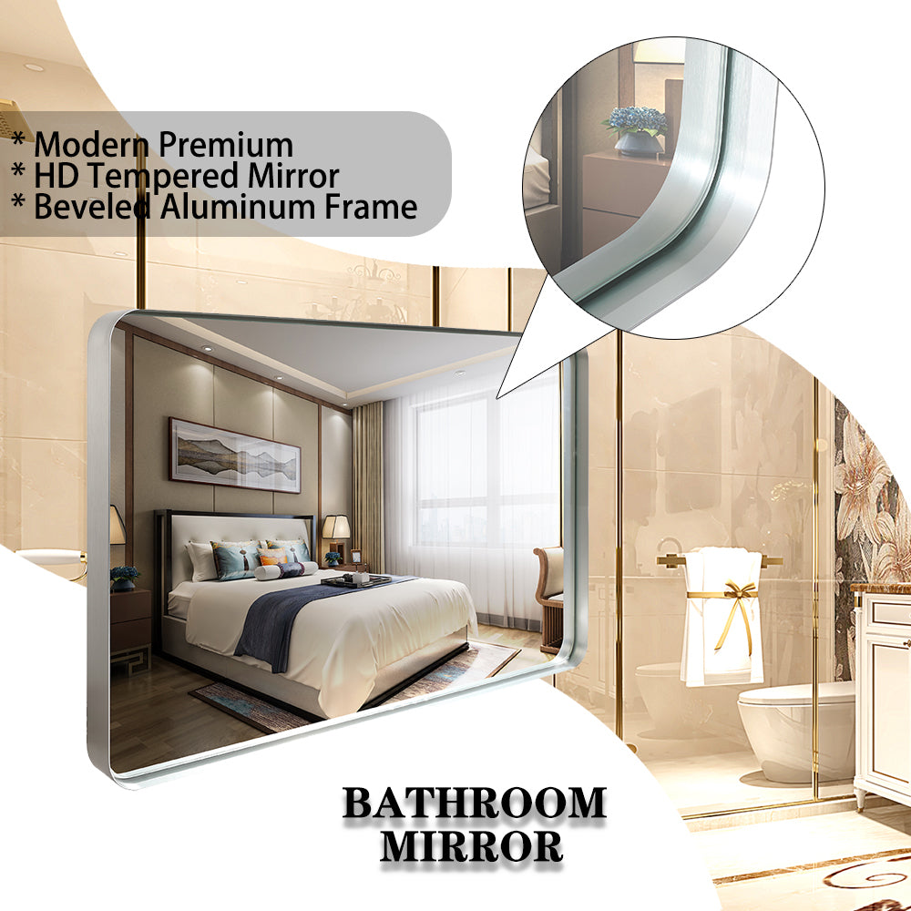 40x30inch Brushed Silver Rounded Corner Rectangle Bathroom Mirror For Wall Metal Frame Wall Mounted Bathroom Mirror Vanity Bathroom Mirror(Horizontal & Vertical)