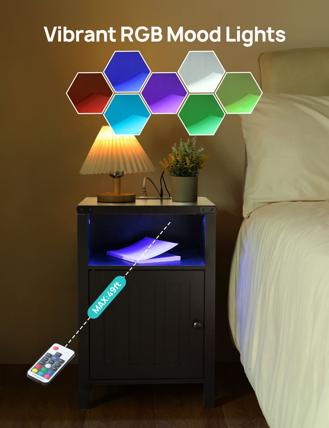 Nightstand with Charging Station, Side Table with RGB Light Strip, Modern End Table Beside Table with USB Ports and Outlets, Barn Door Cabinet, Open Shelf, Deep Storage for Bedroom, Living Room