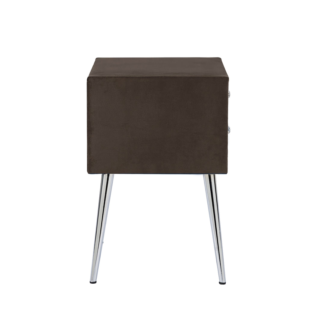 B109-TA Upholstered in durable 100% Brown Velvet nightstand                  
Classic silver rivet elegant button tufted design with two drawer and metal legs