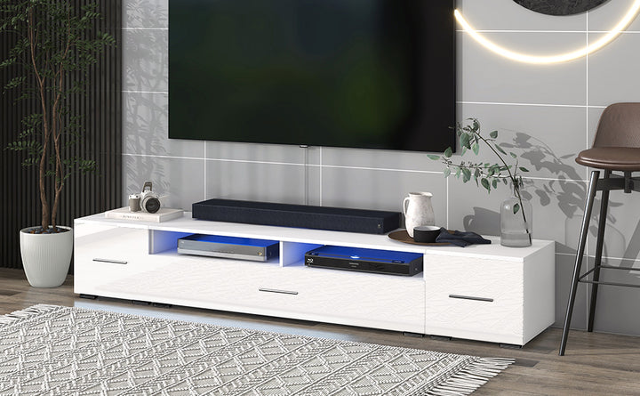 ON-TREND Extended, Minimalist Design TV stand with Color Changing LED Lights, Modern Universal Entertainment Center, High Gloss TV Cabinet for 90+ inch TV, White