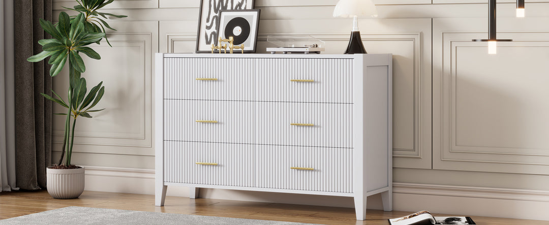 6 Drawer Dresser with Metal Handle for Bedroom, Storage Cabinet with Vertical Stripe Finish Drawer, White(Passed ASTM F2057-23 Test)