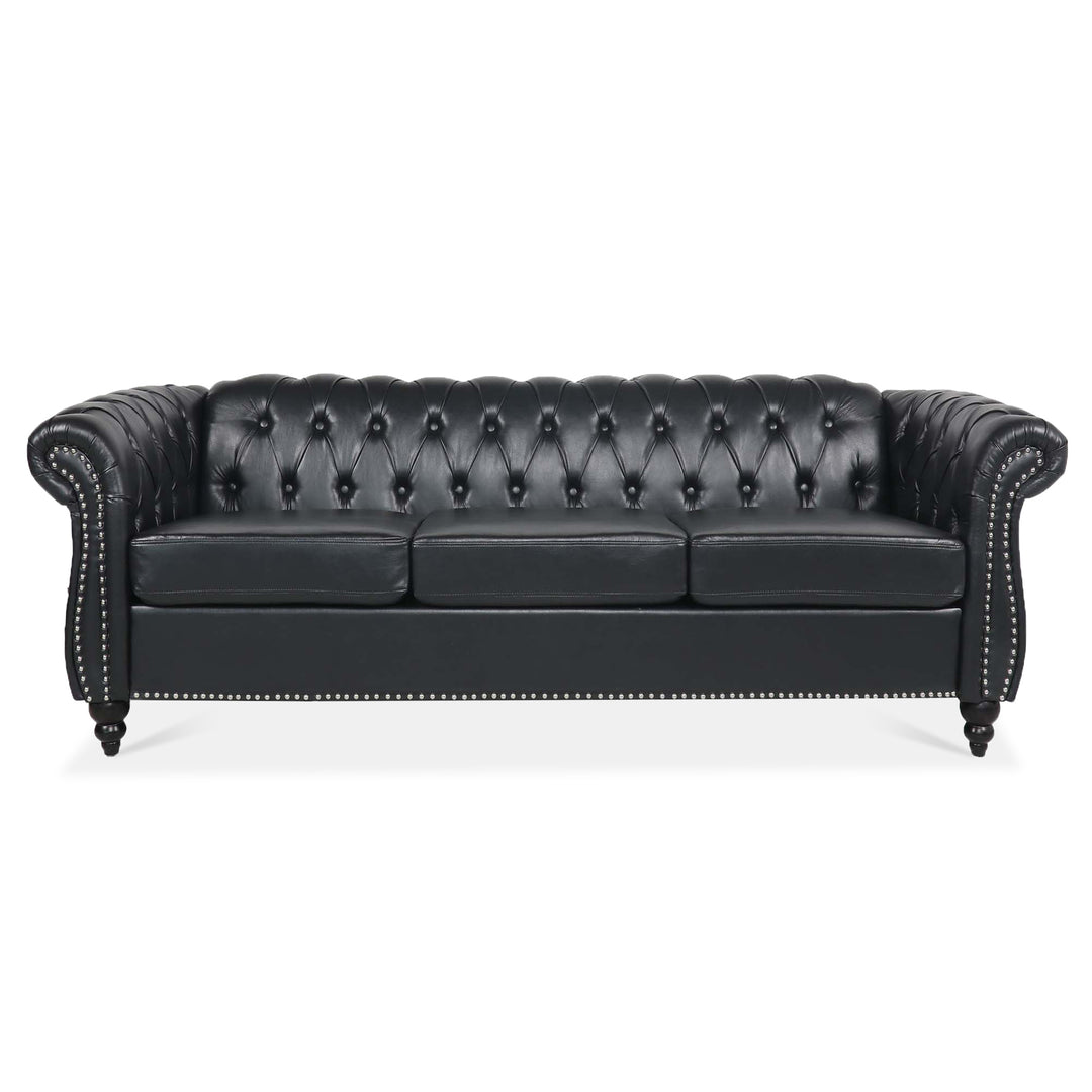 84.65" BLACK PU Rolled Arm Chesterfield Three Seater Sofa.