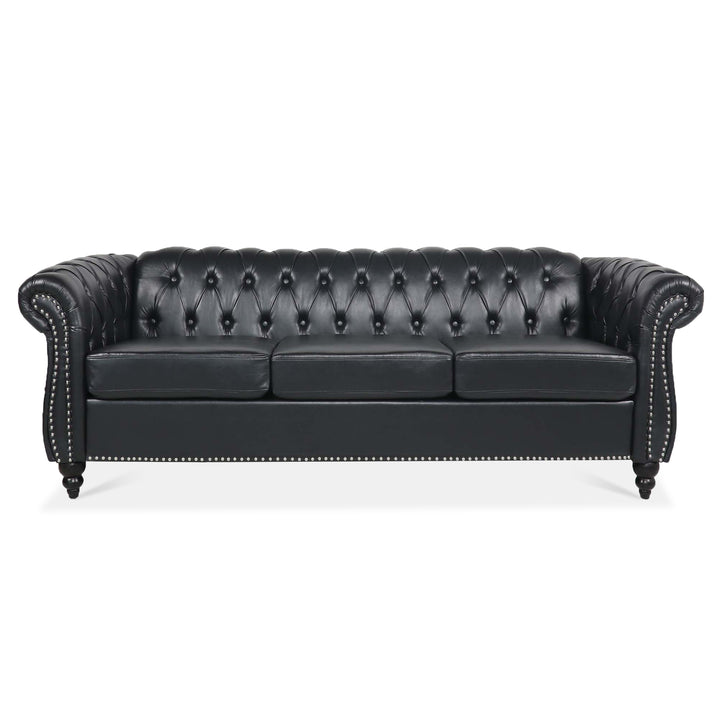 84.65" BLACK PU Rolled Arm Chesterfield Three Seater Sofa.