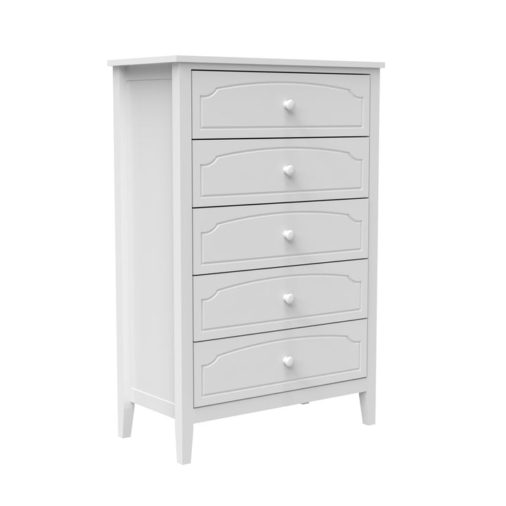 White Contemporary Roman Style, Solid Wood 5 Drawers Chest Bedroom Furniture, Drawer Storage, Tall Chest, Dresser 5 Drawers For Living Room, Entryway. Paint Sprayed Finishing