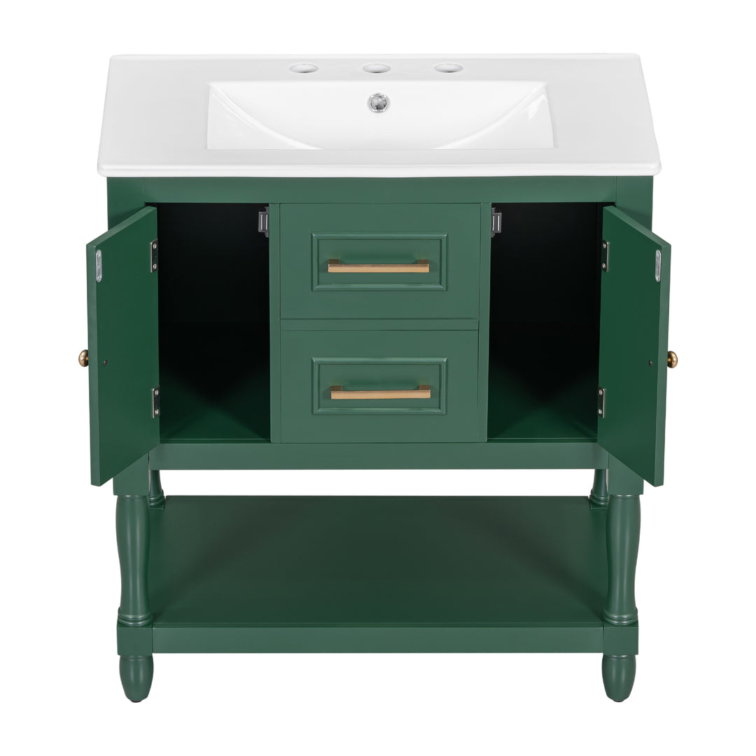 30" Bathroom Vanity with Sink Top, Bathroom Vanity Cabinet with Two Doors and Two Drawers, Solid Wood Frame, One Package, Green