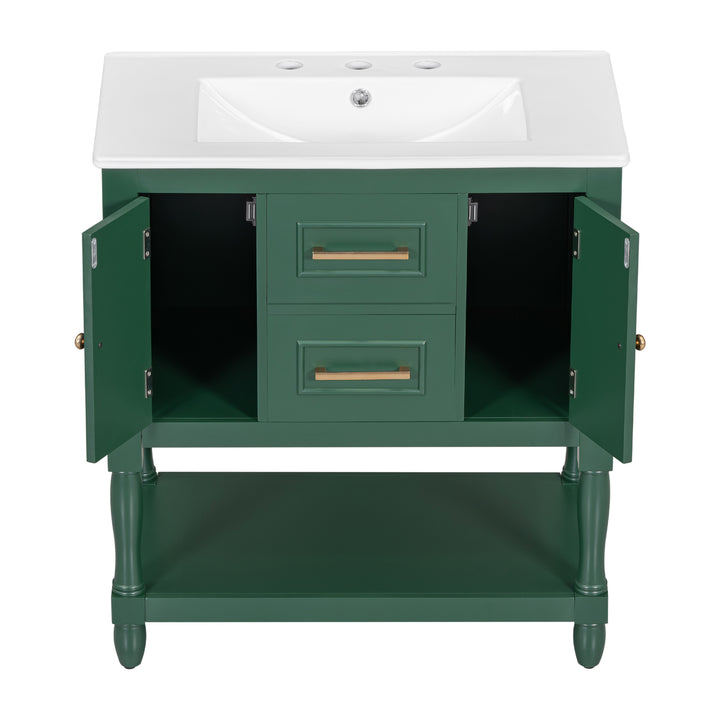 30" Bathroom Vanity with Sink Top, Bathroom Vanity Cabinet with Two Doors and Two Drawers, Solid Wood Frame, One Package, Green