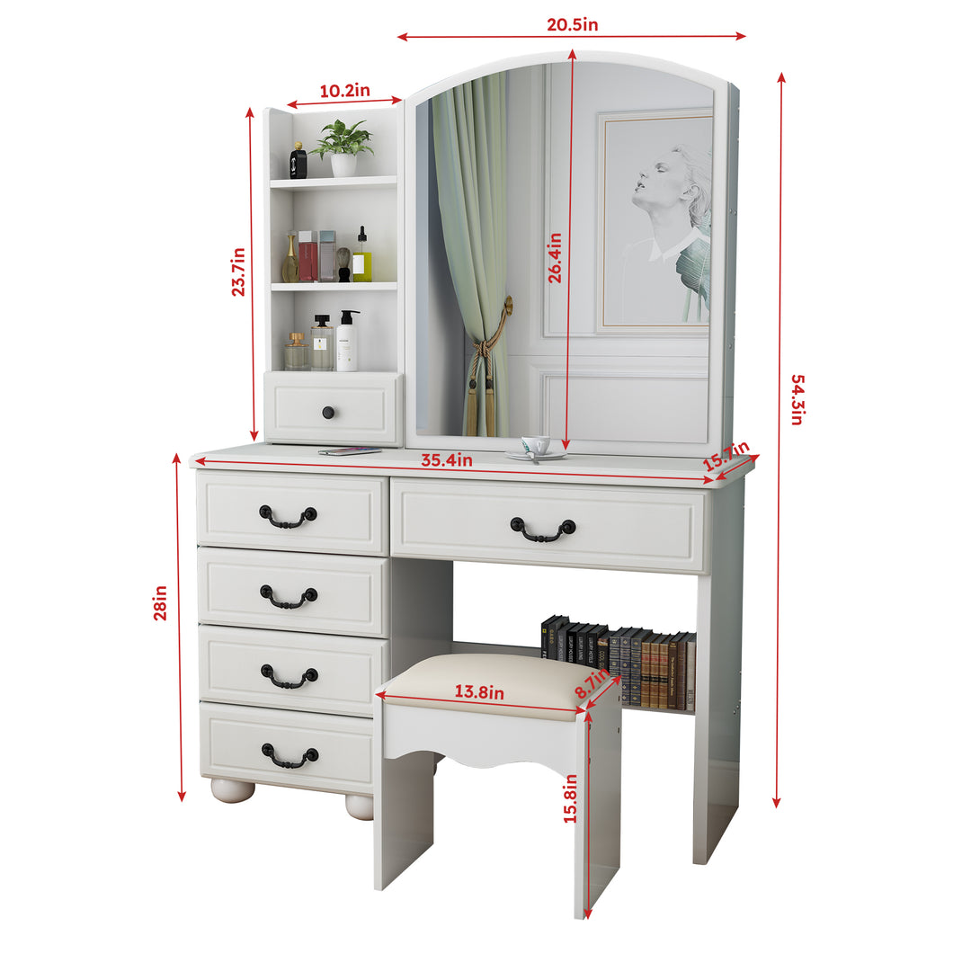 Fashion Vanity Desk with Mirror and Lights for Makeup, Vanity Mirror with Lights and Table Set with 3 Color Lighting Brightness Adjustable, 6 Drawers, White Color