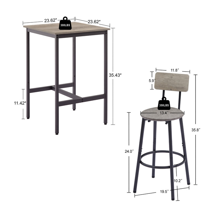 Bar Table Set with 2 Bar stools PU Soft seat with backrest, Grey, 23.62'' W x 23.62'' D x 35.43'' H