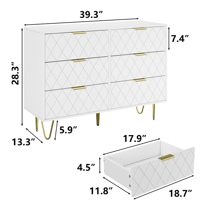 Modern white 6 Drawers for Bedroom, Small Size Wooden drawers with Gold Handles,  Chest Dresser with Deep Drawers for living room