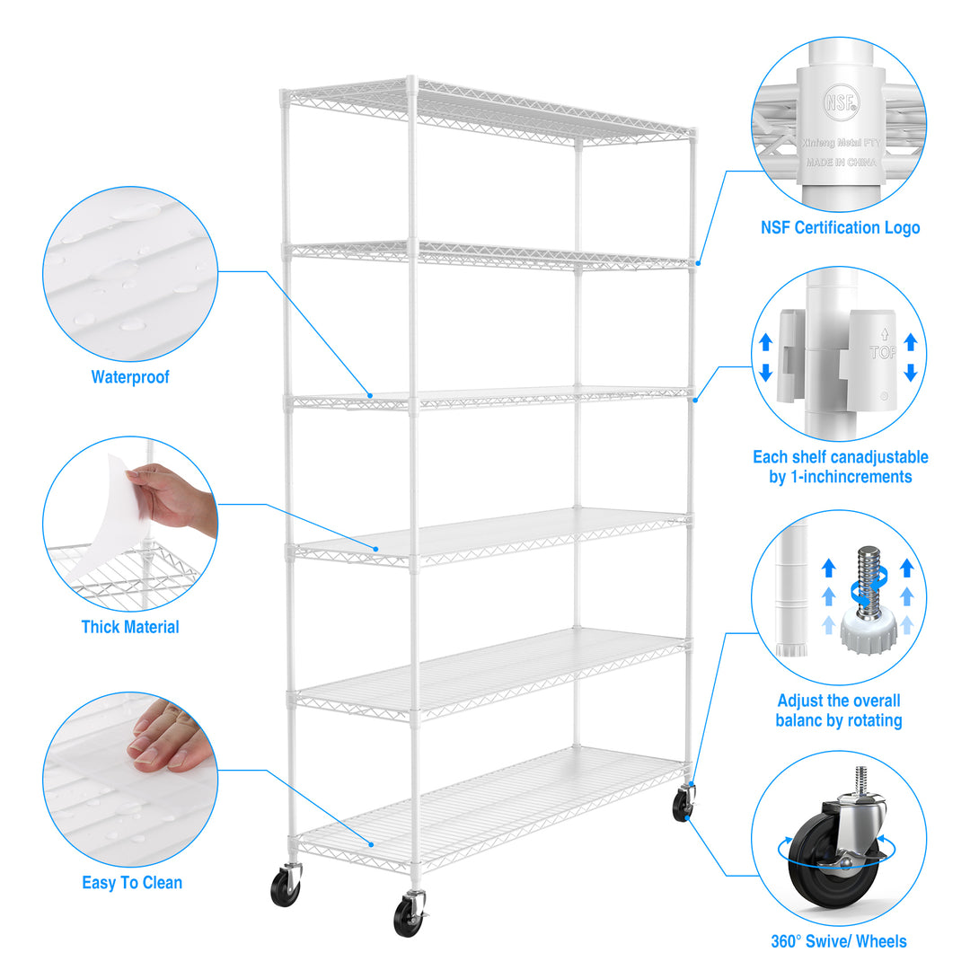 6 Tier Wire Shelving Unit, 6000 LBS NSF Height Adjustable Metal Garage Storage Shelves with Wheels, Heavy Duty Storage Wire Rack Metal Shelves - White