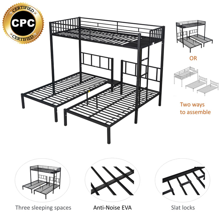 Metal Triple Twin Bunk Bed/ Can Be Separated into 3 Twin Beds/ Sturdy Metal/ Noise Reduced/ Bunk Bed for Three/ Safety Guardrail/ CPC Certified/ No Box Spring Needed