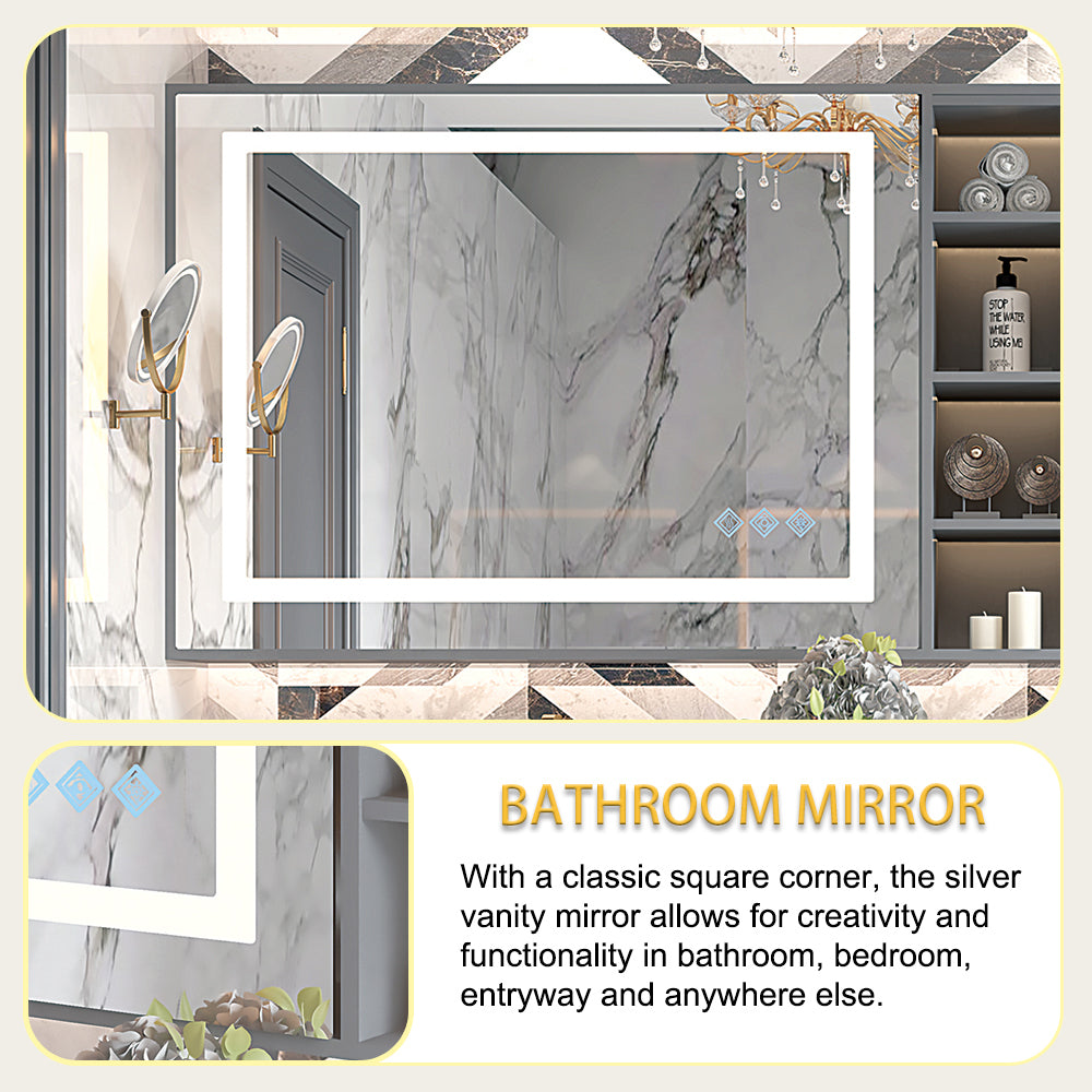 32x24inch Glossy Brushed Silver 3000-6000K LED Bathroom Mirror With Lights,Anti-Fog Dimmable Lighted Wall Mounted Vanity Mirror Master Bath Modern Makeup(Only mirrors, not cabinets)Horizontal&Vertical