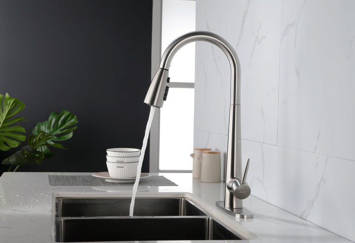 Kitchen Faucet with Pull Down Sprayer Brushed Nickel, High Arc Single Handle Kitchen Sink Faucet with Deck Plate, Commercial Modern Stainless Steel Kitchen Faucets