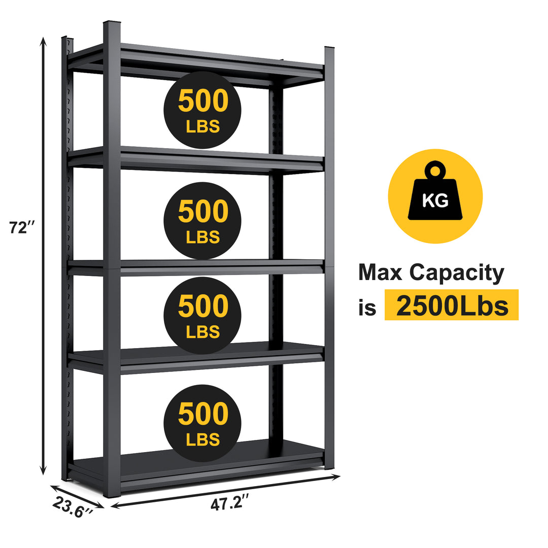 Storage Shelves 5 Tier Heavy Duty Metal Shelving Unit Adjustable Shelving Units and Storage Rack Kitchen Garage Shelf H72 * W47.2 * D23.6